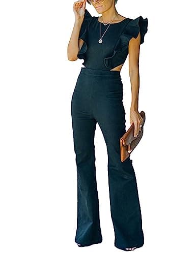 Omoone Womens Flared Denim Overalls Jumpsuit Ruffle Sleeves Backless Stretchy Blue Jean Romper(3219-Black-XL)
