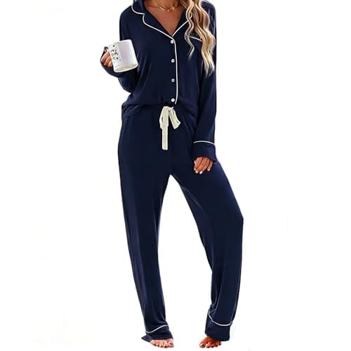 RONGTAI Cotton Pajamas for Women Set Comfy Fall Womens Sleepwear Sets Button Pjs Soft Long Sleeve Loungewear with Pockets Navy Blue XL
