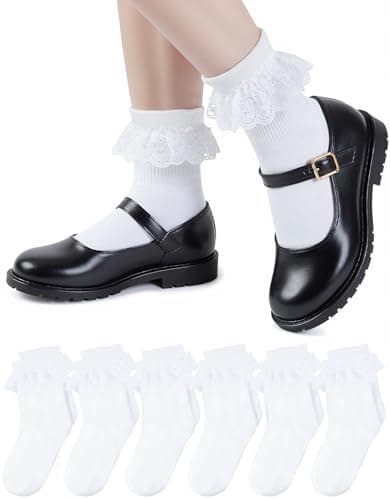 HONGTEYA 6 Pairs Girls White Ruffle Socks School Uniform Dress Socks for Kids Seamless Crew Ankle Cotton Size 4-14 Years (US, Age, 10 Years, 14 Years, Lace)
