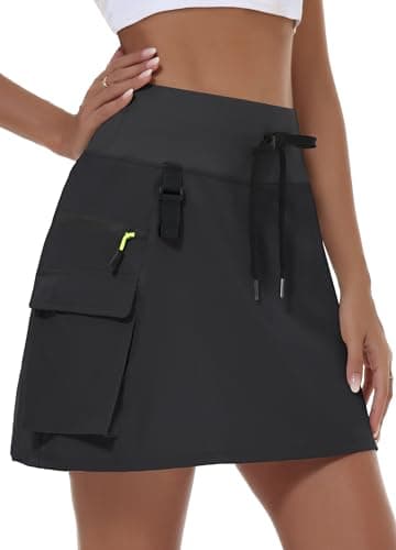 JWM Women's Hiking Cargo Skort Skirt High Waisted Golf Workout with Zipper Pockets Tummy Control Quick Dry Water Resistant Black