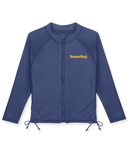 BesserBay Kid Girls Front Zip Thumb Holes Rash Guard Top Quick-Dry UPF 50+ Light Navy Orange Long Sleeve Swim Shirt 7-8 Years