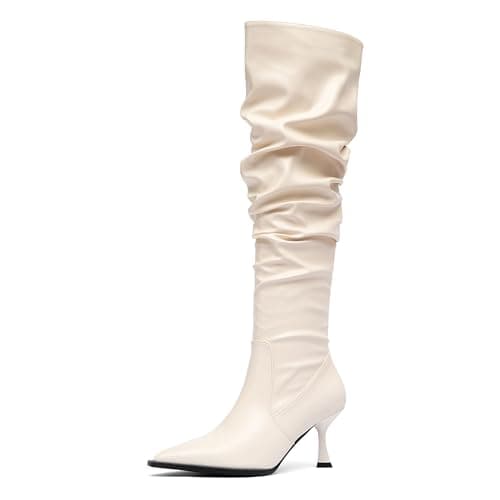 NEWBELLA Women's Knee High Boots - Vegan Leather Pointed Toe Kitten Heel Easy Slip-On Stretch Tall Boots for Daily Wear, Dress & Fashion (Beige, 7.5)