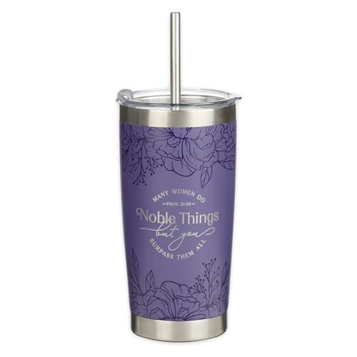 Christian Art Gifts Large Stainless Steel Insulated Travel Mug Tumbler & Reusable Straw: Women Do Noble Things Inspirational Scripture, Sturdy Flip Lid, Double Wall Vacuum, Cute Purple Floral, 18 oz.