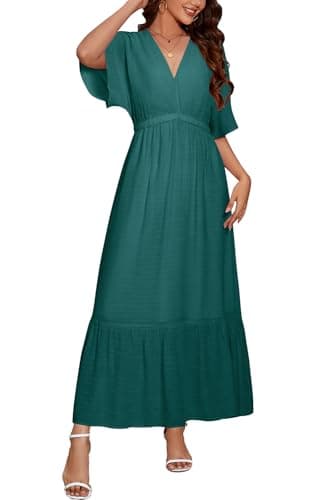 STYLEWORD Women's Long Summer Dresses 2026 Casual Short Flutter Sleeve V Neck Maternity Photoshoot Flowy Spring Maxi Dress(Peacock Blue,S)