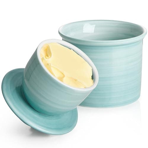 Sweese French Butter Dish with Lid - Vintage Butter Crock for Counter for Spreadable Butter - No More Hard Butter - Light Blue