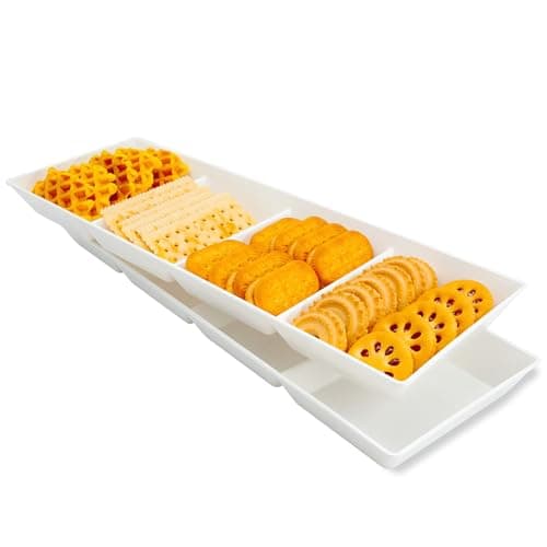 AMGBZT Divided Serving Tray Platter, 2 Pack 17.6" x 6" Fruit Veggie Food Tray for Party, Plastic Serving Trays for Appetizer, Snack, Dessert, Cookie, Brunch Decorations Platters, White Trays BPA-Free