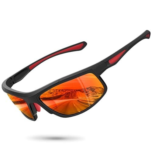Ofwin Sports Sunglasses for Men Women Polarized UV Protection Fishing Driving Cycling Bik Running Wrap Around Sun Glasses Matte Black Frame/Red Mirror Lens