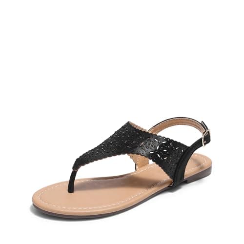 DREAM PAIRS Women's Rhinestone Casual Wear Cute Gladiator Flat Sandals Beach Dressy T-Strap Thong Sandals,Size 5,Black,MEDINIE