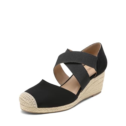DREAM PAIRS Womens Close Toe Espadrilles Platform Slip on Elastic Criss Cross Straps Dressy Wedges Sandals,Size 6.5,Black-Suede,SDPW226W