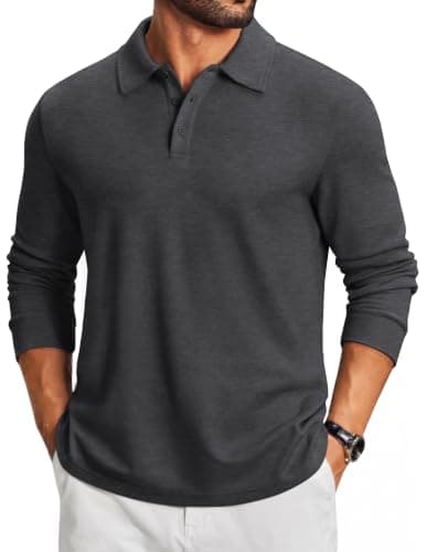 COOFANDY Gray Polo Shirt for Men Long Sleeve Classic Golf Shirts
