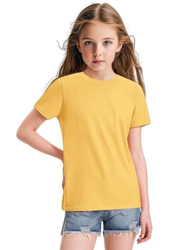 KEREDA Girls Shirts Short Sleeve Soft Cotton T-Shirts Plain Tees Tops Clothes for Kids Yellow 11-12 Years