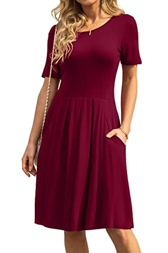 DouBCQ Women's Casual Short Sleeve Flowy Pleated Dresses 0-Wine Red 3XL