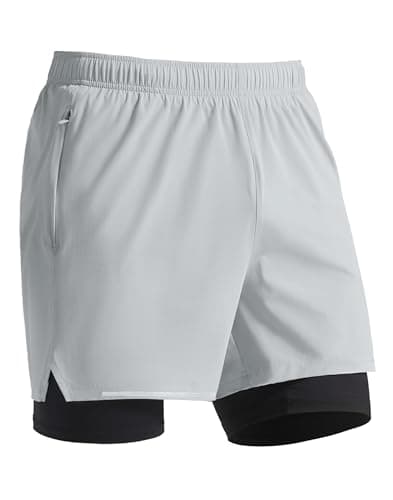 Pioneer Camp Men's 2 in 1 Running Shorts 5" Quick Dry Athletic Workout Shorts with Compression Liner Zipper Pockets Grey