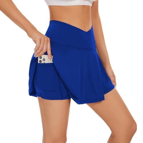 bpbtti Womens Pleated Tennis Skirt Crossover Golf Skorts Skirts with Pockets Activewear Summer Workout Running Shorts (Royal Blue, S)