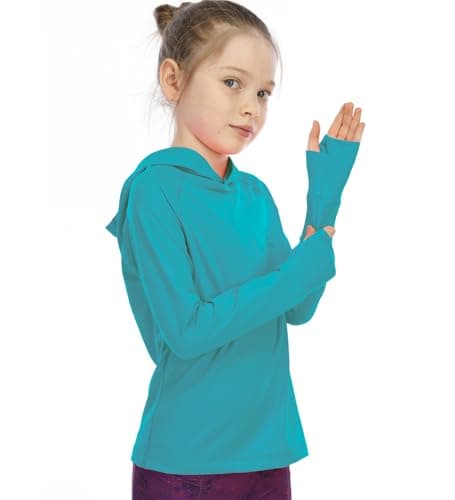 Girls Long Sleeve Shirt Hoodies SPF Active Tee Workout Running Yoga Pullover Tops with Thumb Holes Blue 5-6years