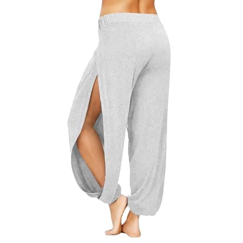 Topjini Harem Pants for Women Double High Slit Leg Flowy Yoga Pant Pilates Dance Hippie Wrap Beach Cover-Up Pants Gray
