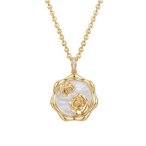 MEVECCO Gold Necklace For Women 18K Gold Plated Birth Flower Mother Of Pearl Disc Floral September Morning Glory Pendant Necklace Dainty Handmade Womens Jewelry Anniversary Christmas Birthday Gifts