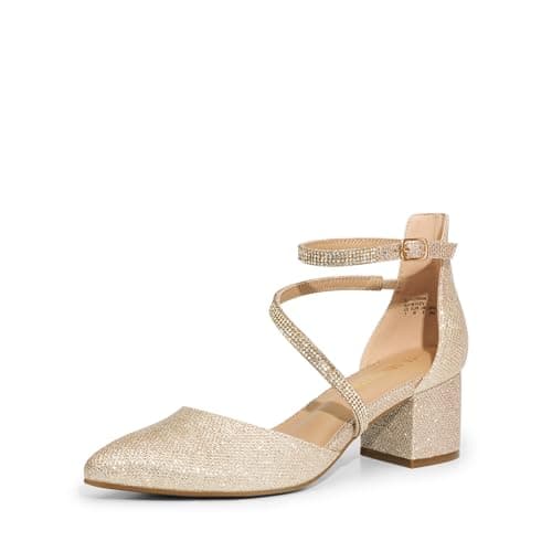 DREAM PAIRS Women's Closed Pointed Toe Low Chunky Heels Pumps Ankle Strap Wedding Business Dressy Shoes,Size 7,Gold,SDPU2354W