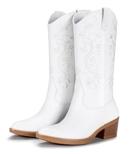 Vepose Women's Cowboy Boots Mid Calf, Floral Embroidered Western Cowgirl, Pointed Toe Low Chunky Heel Pull On, White Botas Vaqueras, Walk Country Concert Dance Size 9, (CJY9802 white 09)