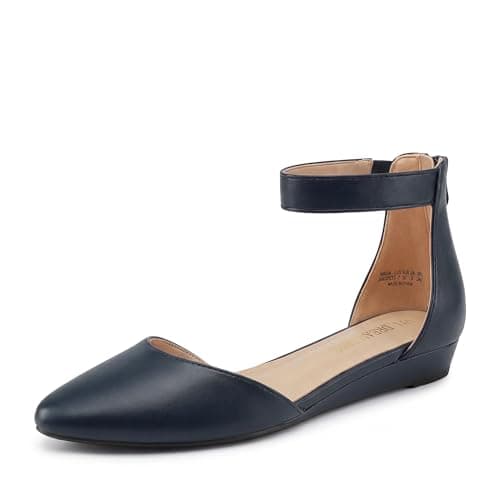 DREAM PAIRS Women's Low Wedge Pointed Toe Ankle Strap Dress Comfortable Casual Flats Shoes,Size 5,Navy/Pu,AMIGA