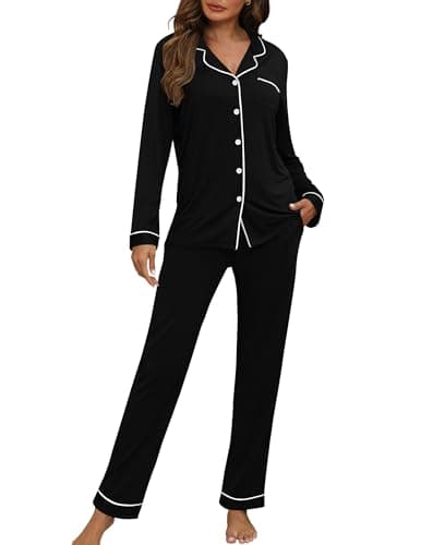HNG Womens Pajama Sets Button Up Pjs Long Sleeve Shirt and Pant Soft Postpartum Sleepwear Lounge Sets Black, M
