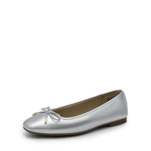 DREAM PAIRS Women's Flats Square Toe Ballet Flats Comfortable Casual Ballerina Flat Dress Shoes with Bow Suitable for Dressy Business Casual Work Office,Size 11,Silver,DWUMFA2517