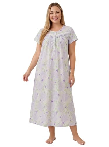 QRRLUEN 100% Cotton Nightgowns for Women Short Sleeve Night Gown Ladies Long Nightdress Soft Victorian Sleepshirts House Dress Purple Flower C-Whispering Lilac Mist XL