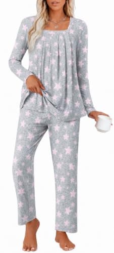 Anyally Women's Pajama Set, 2 Piece Sleepwear Lounge Outfits Fall Long Sleeve Long Pant With Pockets Ladies Pjs, 2XL Star Grey