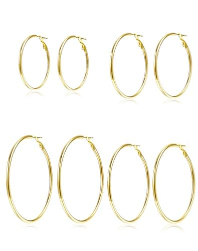 4 Pairs Silver Gold Hoop Earrings for Women 30/40/50/60 mm Stainless Steel 14K Gold Plated Hoop Earrings Hypoallergenic Big Thin Lightweight Dangle Set (4 Pairs Gold-30/40/50/60mm)
