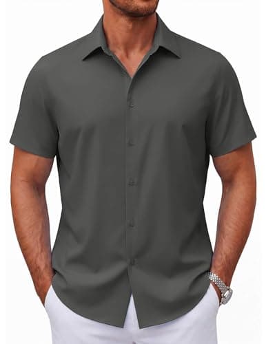 COOFANDY Untucked Shirts for Men Short Sleeve Button Down Shirts Stretch DRSS Shirts Deep Green