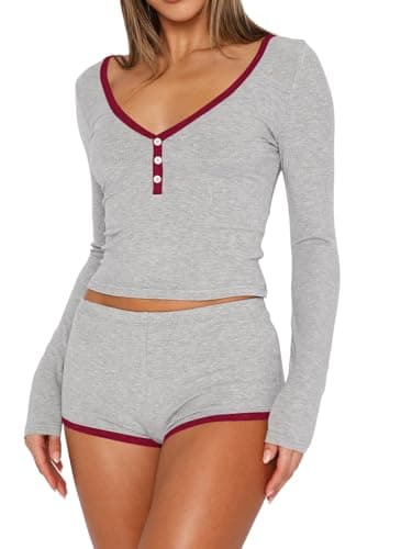 Lacozy Sexy Pajama Sets for Women 2 Piece Long Sleeve Pj Set V Neck Crop Top and Short Sets Y2k Loungewear Grey L