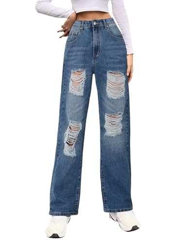 Genleck Women's Loose Fitting Ripped Jeans High Waist Baggy Denim Pants