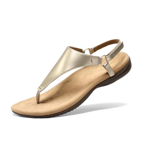 DREAM PAIRS Women's Flat Sandals Arch Support Orthopedic Comfortable Soft Cushion Summer T-Strap Walking Thong Sandals,Size 6.5,Gold-Pu,SDFS2407W