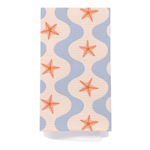 SPBL&L Retro Coastal Beach Kitchen Towels, Preppy Ocean Starfish Waves Decorative Dish Tea Towels for Kitchen, Coastal Beach Nautical Hand Towels for Bathroom, 16x24 Inch