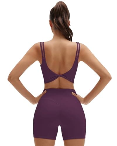 SUUKSESS Womens Workout Set Fitness Yoga Pilates Crop Tank Twist Back Cami High Waisted Tummy Control Bike Short (Violet, M)