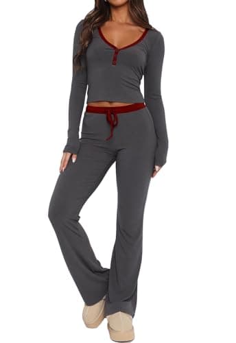 Dressmine Womens Fall Pjs Sets 2 Piece Long Sleeve Cute Y2k Lounge Set Sexy Pajama Winter Loungewear Grey X-Large