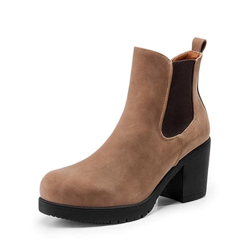 DREAM PAIRS Women's High Chunky Heel Chelsea Ankle Boots Slip On Elastic Fall Heeled Booties Shoes,Size 7,Camel/Pu,FRE