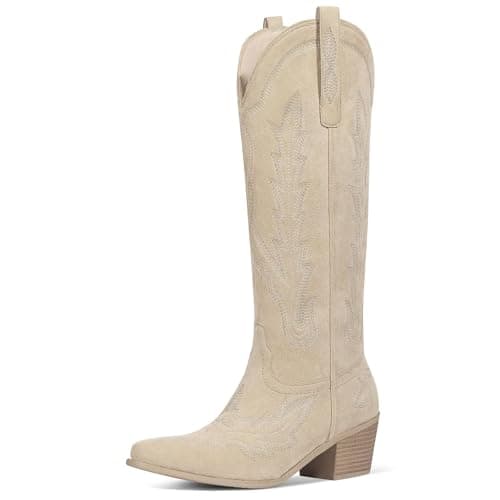 Ouepiano Cowboy Boots for Women Knee High Beige Cowgirl Boots