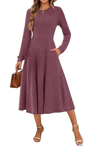 MOLERANI Women Long Sleeve Midi Sweater Dresses with Pockets,Brick Red,XL