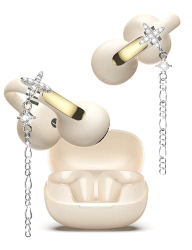 Open Ear Headphones with Dangling Star Jewelry Earrings, Wireless Bluetooth 6.0 Clip-on Earbuds, 50H Playtime, Comfortable Snug Fit, Chic Tech Accessories & Gifts for Women&Kids(Elegant Beige)