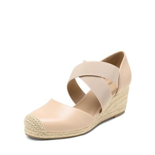 DREAM PAIRS Womens Close Toe Espadrilles Platform Slip on Elastic Criss Cross Straps Dressy Wedges Sandals,Size 7,Nude,SDPW226W