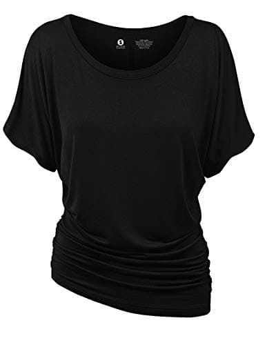 CLOYA Womens Short Sleeve Boat Neck Solid Shirring Dolman Drape Top (M, Black)
