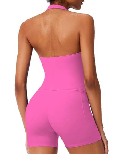 RXRXCOCO Halter Workout Sets for Women 2 Piece V Neck Tank Tops Hidden Scrunch Booty Shorts Yoga Outfits with Pockets Hot Pink Large