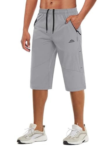 MAGCOMSEN Men's Capri Workout Shorts Outdoor Quick Dry Knee Length 3/4 Gym Drawstring Training Workout Beach Shorts Light Grey, 30