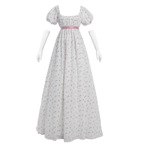 Nuoqi Regency Dresses for Women Long Floral Regency Era Dress Empire Waist Tea Party Dress Medium, White