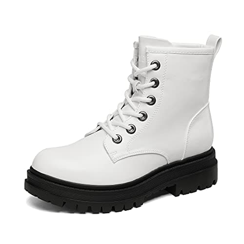 DREAM PAIRS Combat Boots Ankle Booties Lace-up Platform Side Zipper Lug Sole Boots Ankle Boots for Women,Size 9,White,STRONG-5
