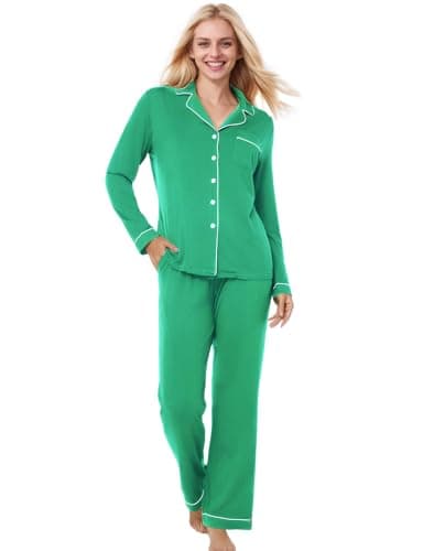 Exemaba Women Long Sleeve Pajama Set Modal Button Down 2pcs Pjs Pants Sleepwear Lounge Set(Green,M)