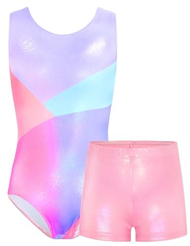 TENVDA Gymnastics Leotards for Girls 7-8 Years Old Sparkle Pink Blue Tumbling Outfit Matching Shorts Sets Bodysuits