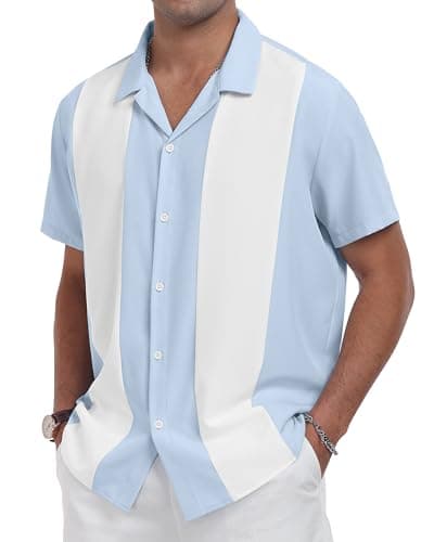 YTD Men's Vintage Bowling Shirt Short Sleeve Button Down Summer Cuba Beach Shirts Light Blue White