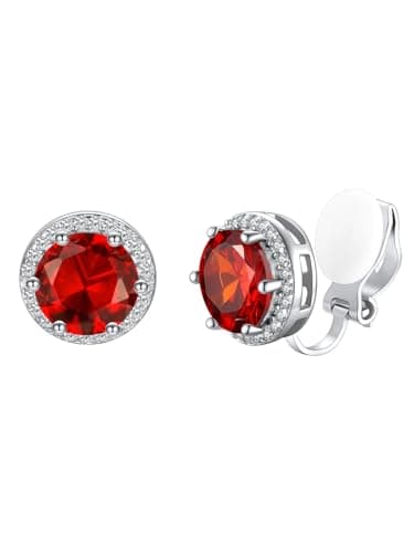 Silvora S925 Silver Birthstone Collection 8mm Round Zircon Clip-on Earrings with Ruby for July Birthdays